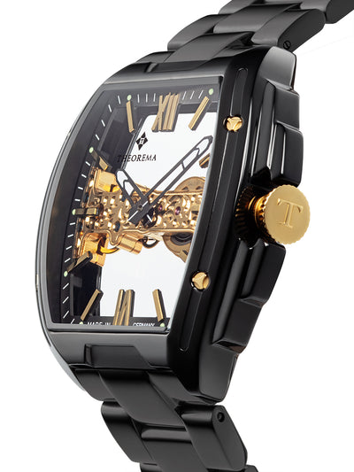 Black case with gold crown button and a genuine black stainless steel band.