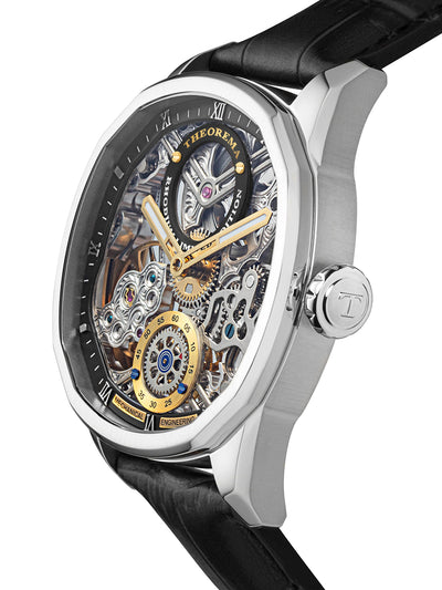 See-through skeletonized dial with silver case, silver crown and black genuine leather band.