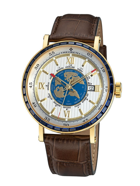 A luxury wristwatch by Theogrema, featuring a gold-tone case, a blue and gold central dial, a white sunburst dial with gold Roman numerals, and a dark blue bezel with gold markers, all paired with a brown leather strap.