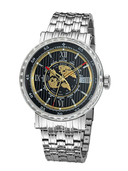 A luxury wristwatch by Theorema, featuring a silver stainless steel link bracelet, a bezel set with clear crystals, and a black dial with gold accents, Roman numerals, and a world map design at the center.