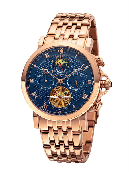 Automatic Macau Theorema blue dial with rose case and rose stainless steel band.
