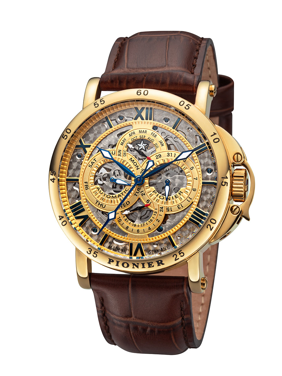 Gold face with brown leather and blue white hands. Automatic watch for men.