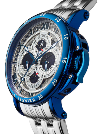 Blue case with silver metal bracelet and a multi tone dial.