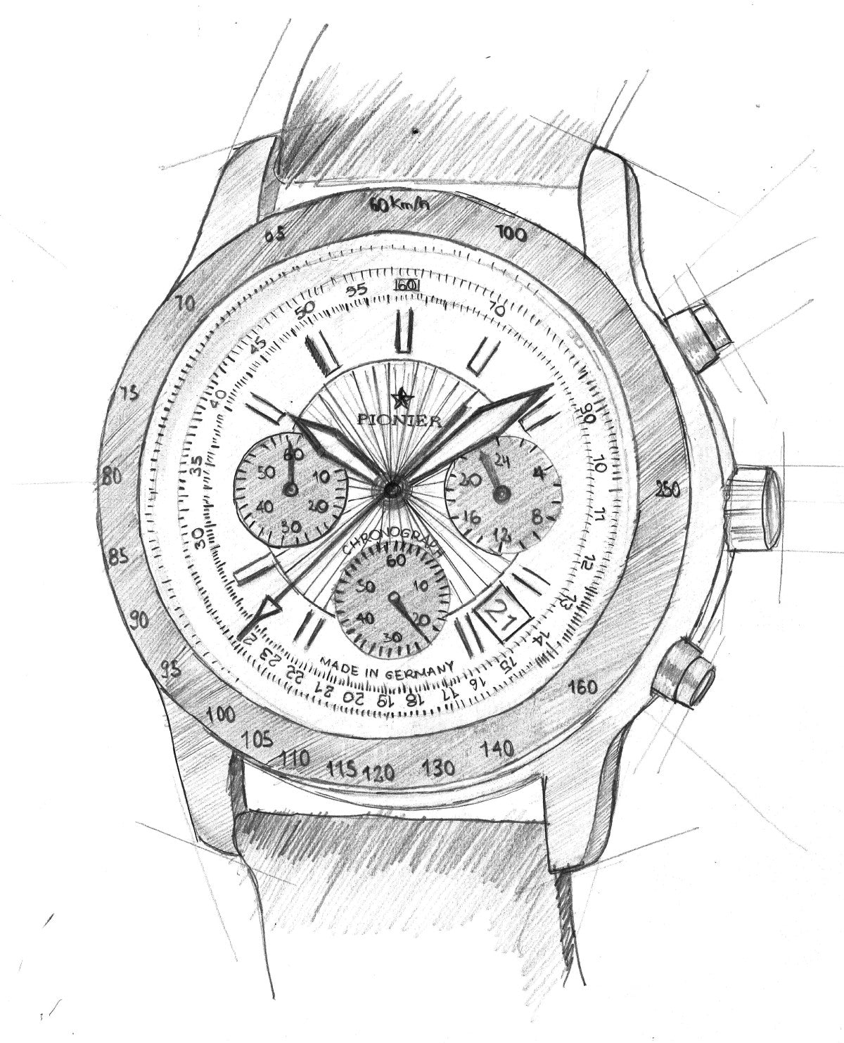 Hand drawing sketch of the collection Tirona Chronograph Pionier