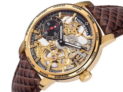 Gold skeletonized dial with a black sub-dial on the left side.