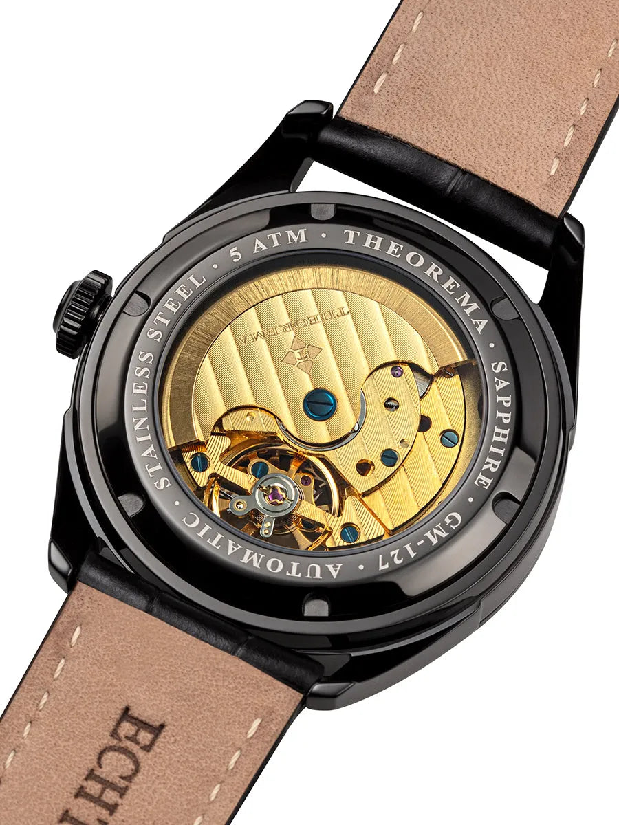 Open back showcasing the automatic movement with the golden rotor.