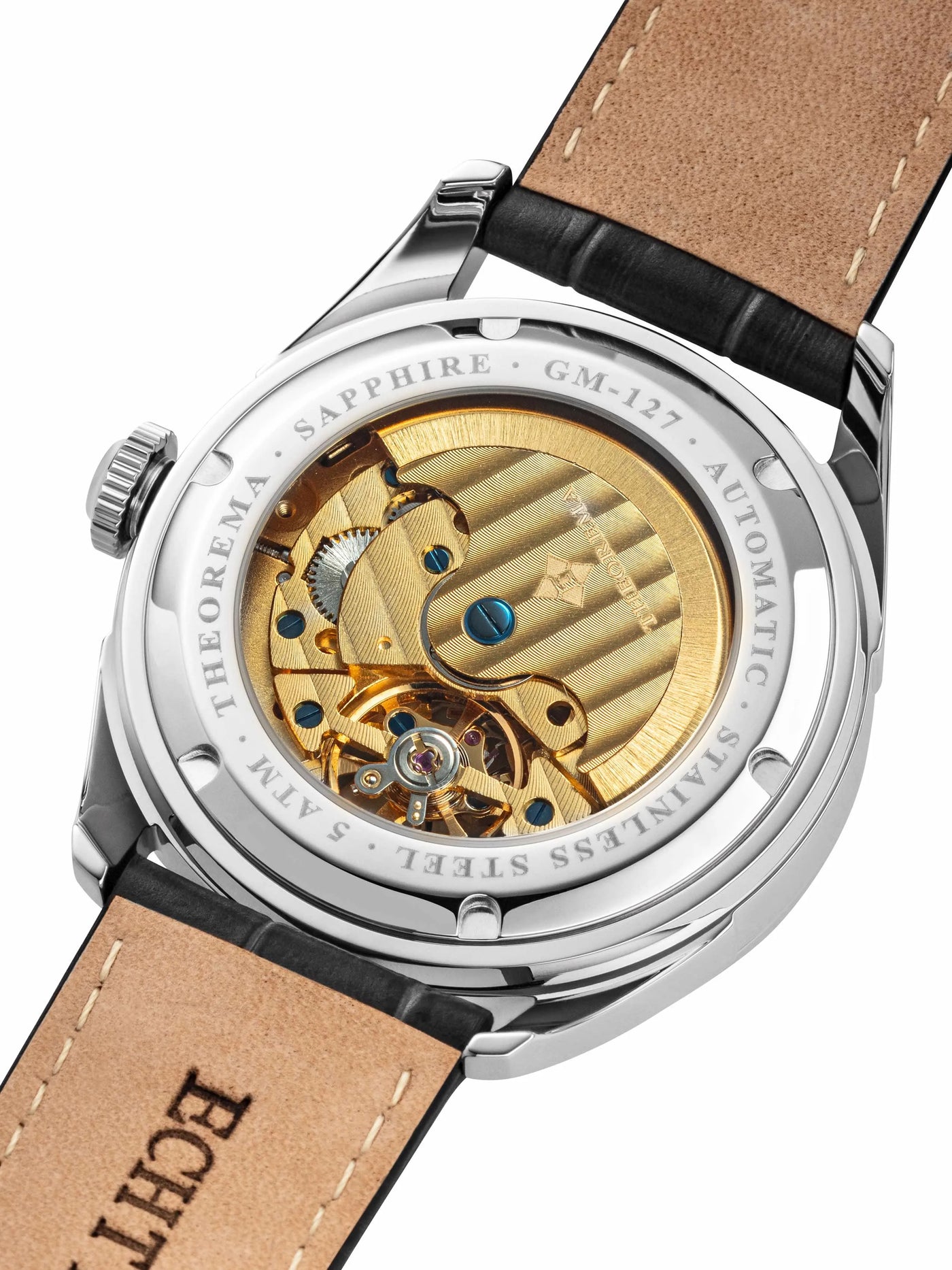 Open back showcasing the automatic movement with the golden rotor.