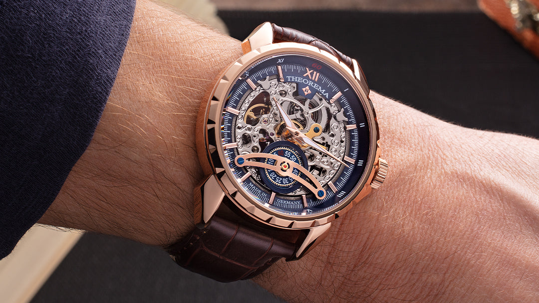 Wrist shot photo of the mechanical skeleton design Helsinki collection by Theorema Germany