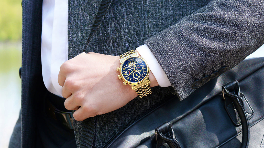 Wrist shot photo of the automatic full calendar watch from the Chicago collection by Pionier Germany