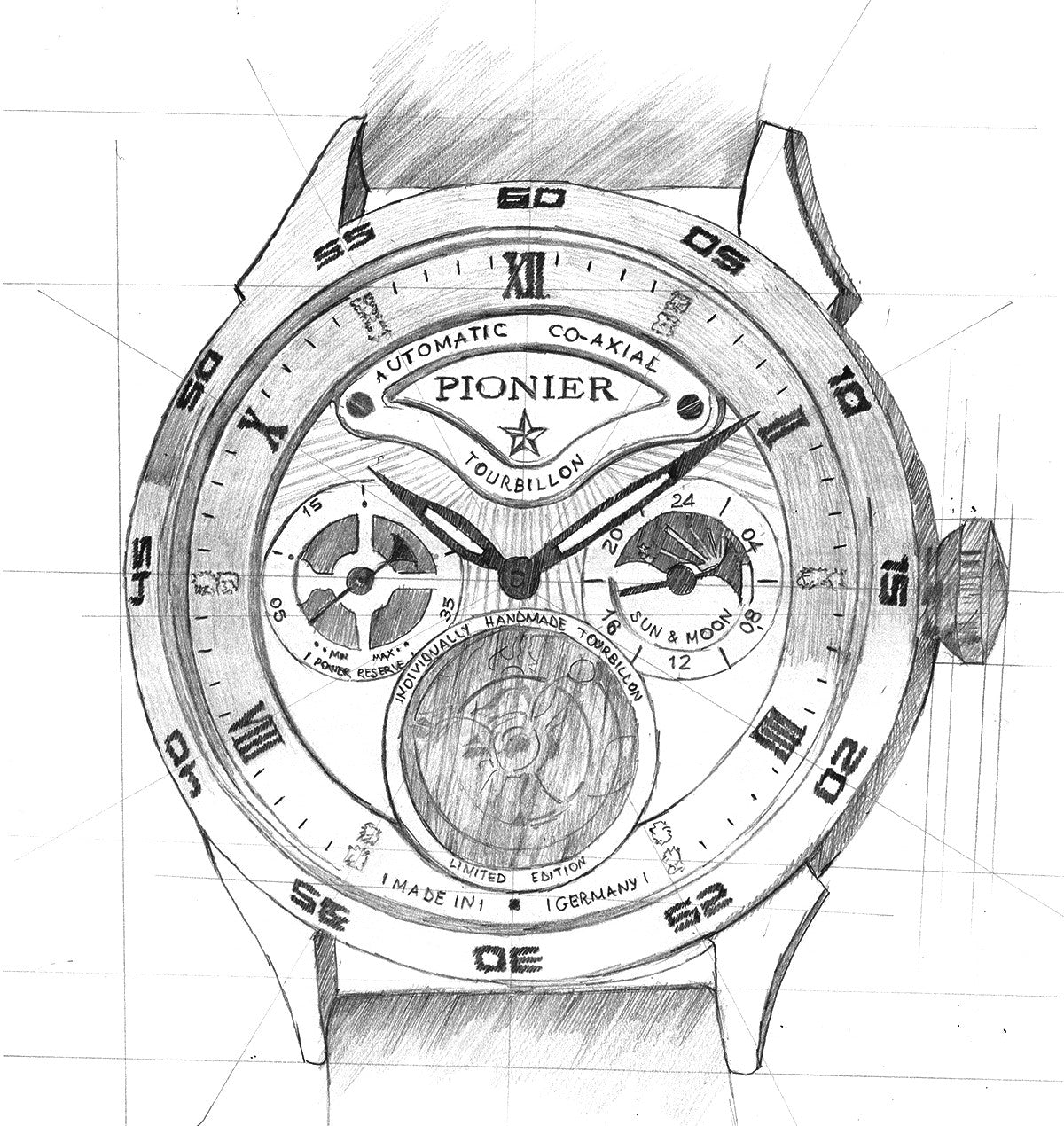 Hand drawing sketch of the collection Geneva tourbillon by Pionier Germany