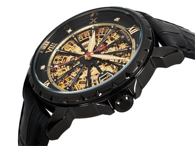 London watch collection with black leather band with black case and skeletonized face