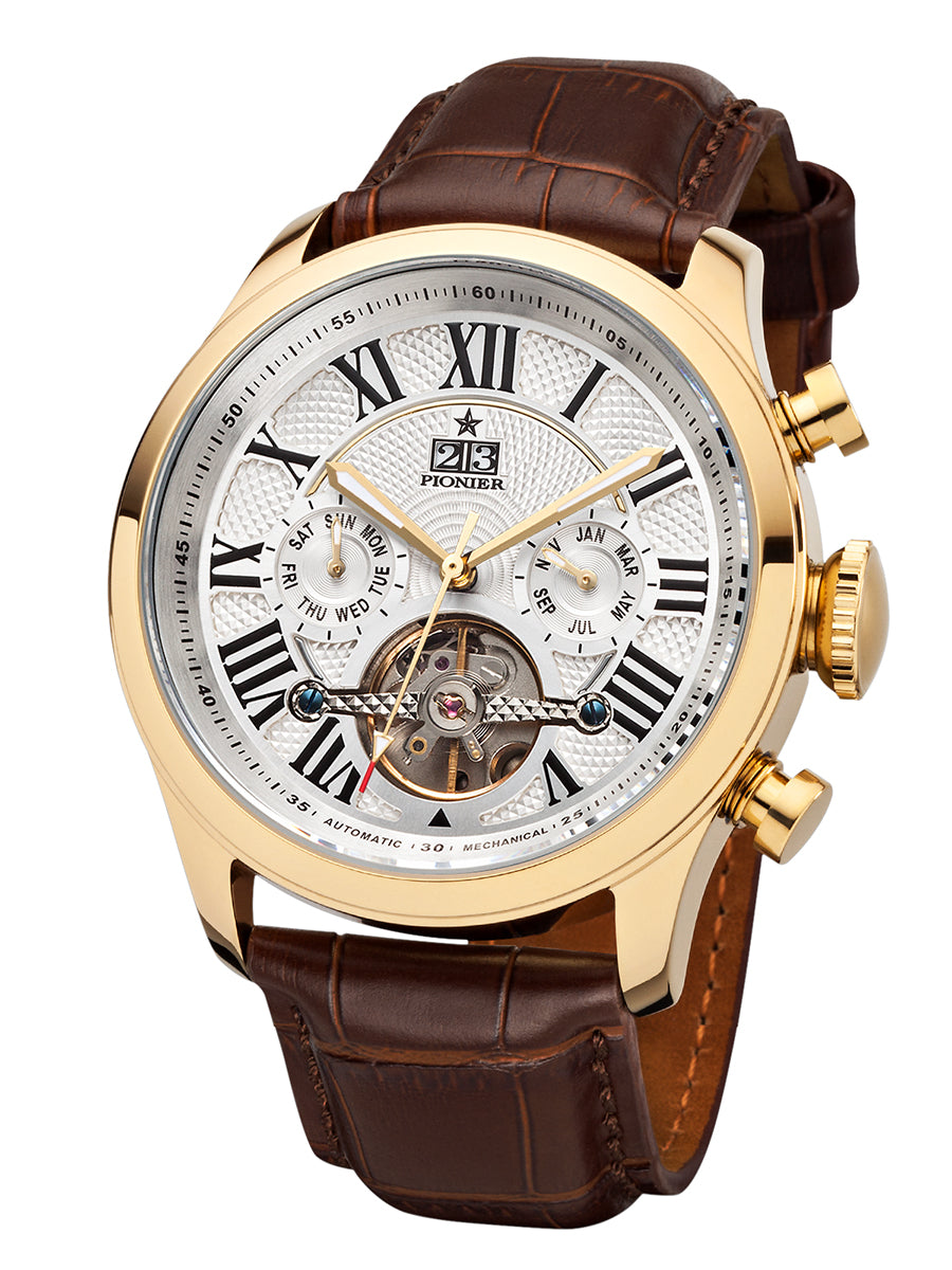 White dial with Roman numerals with gold color case. Automatic Havana collection by Pionier.
