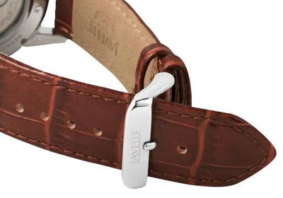 Standard buckle with brown leather band.