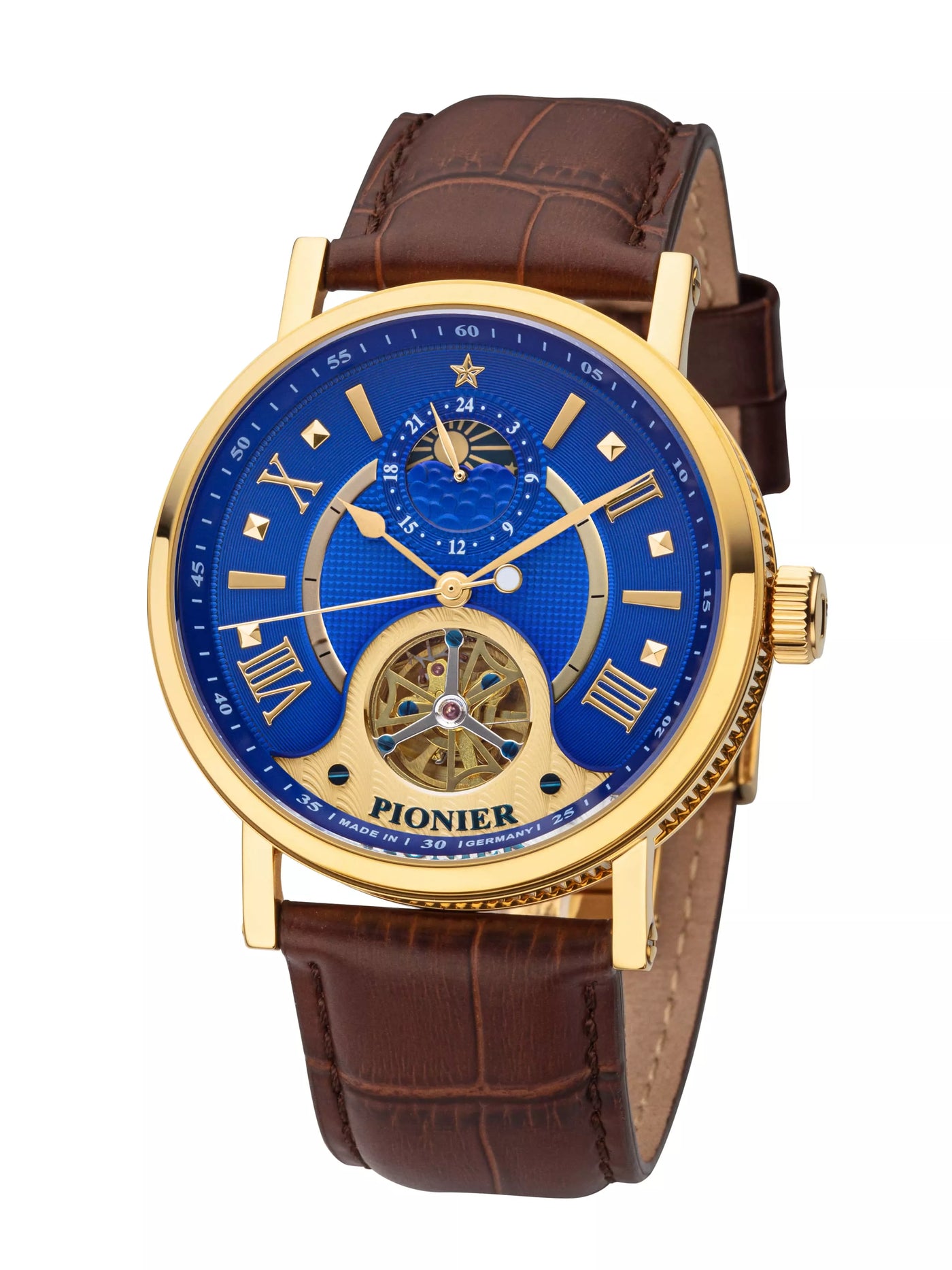 Boston Pionier GM-518-4 blue dial with gold case and brown leather band.