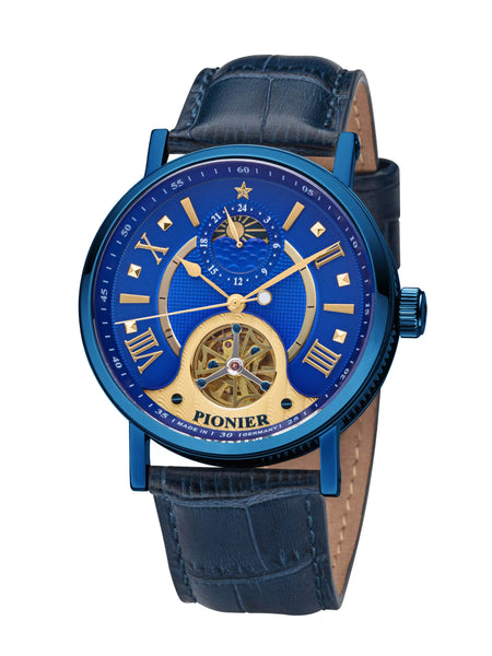 Boston Pionier GM-518-5 blue dial with blue case and blue leather band.