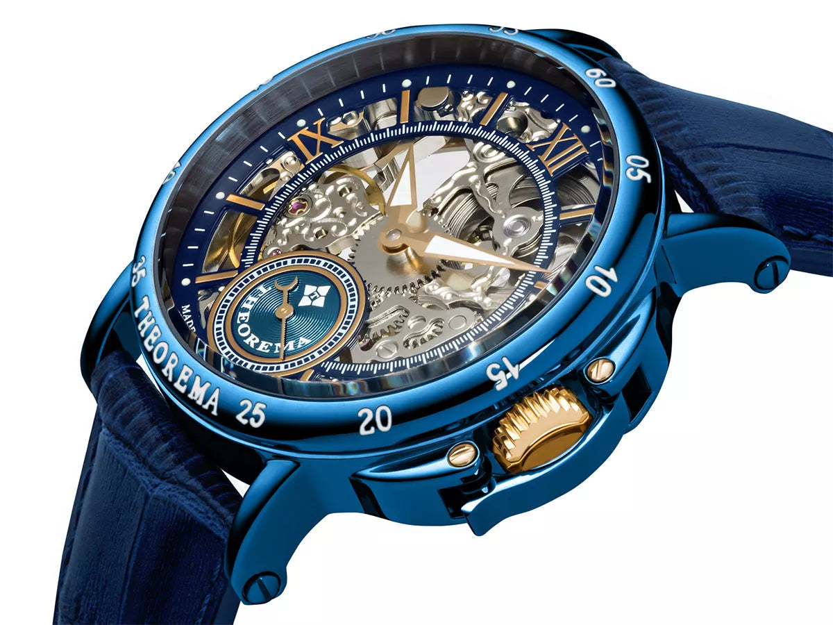 Mechanical watch with skeleton dial with blue case and blue crown