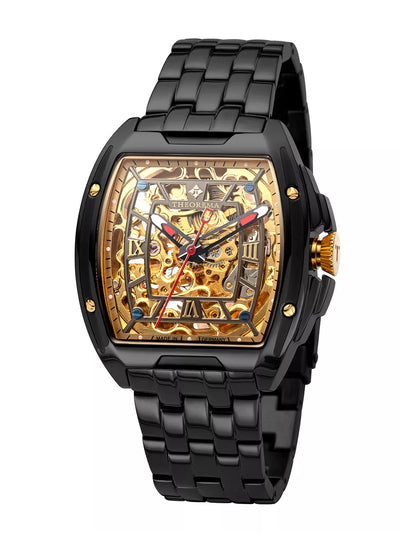 All black stainless steel bracelet and case with a gold color skeletonized dial.