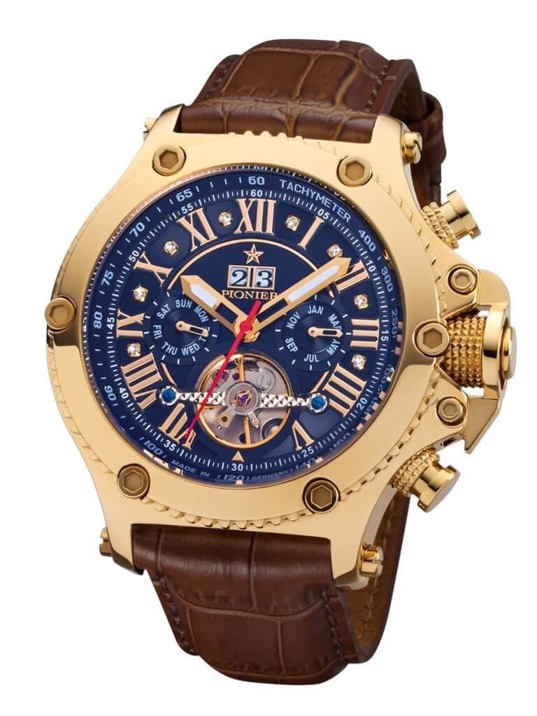 New York Pionier with blue dial and diamonds along with Roman numerals with gold case and brown leather band.