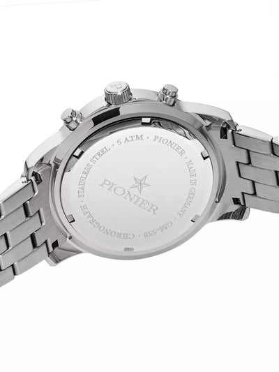 Silver back case with the Pionier logo with writings 5 ATM Made in Germany GM-550 Chronograph Stainless Steel.