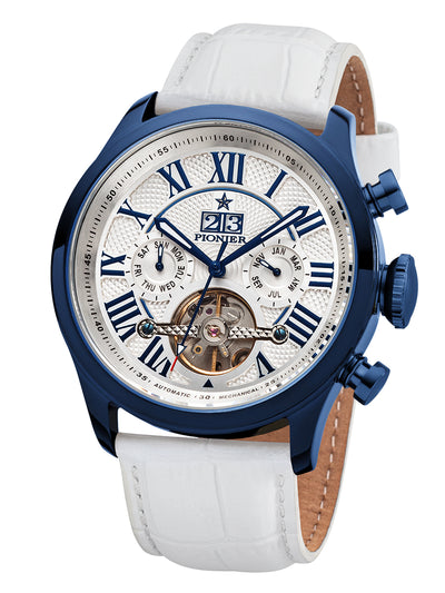 White dial with Roman numerals with blue case. Automatic Havana collection by Pionier.