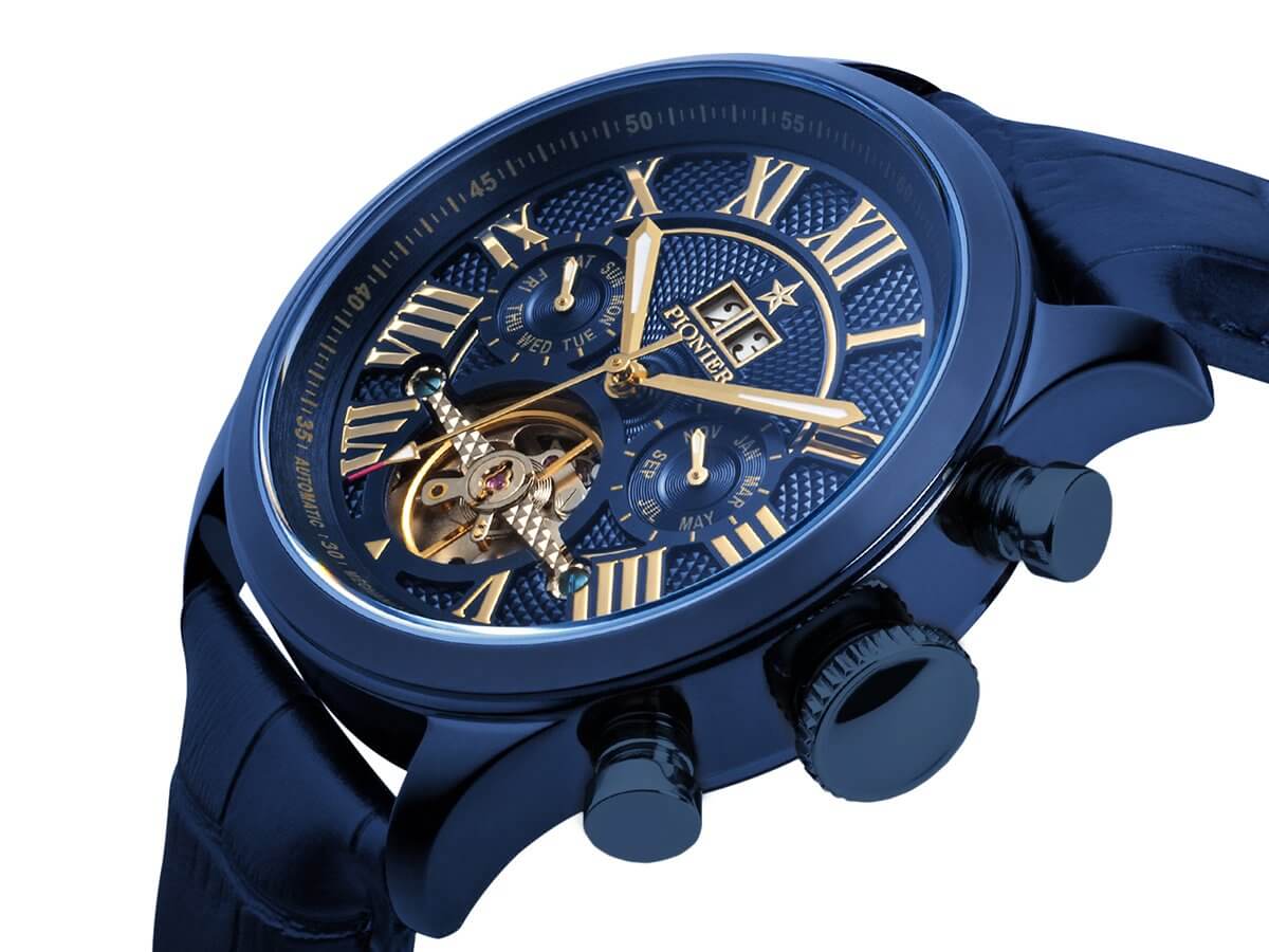 Automatic Havana with open heart design and calendar function with blue leather.