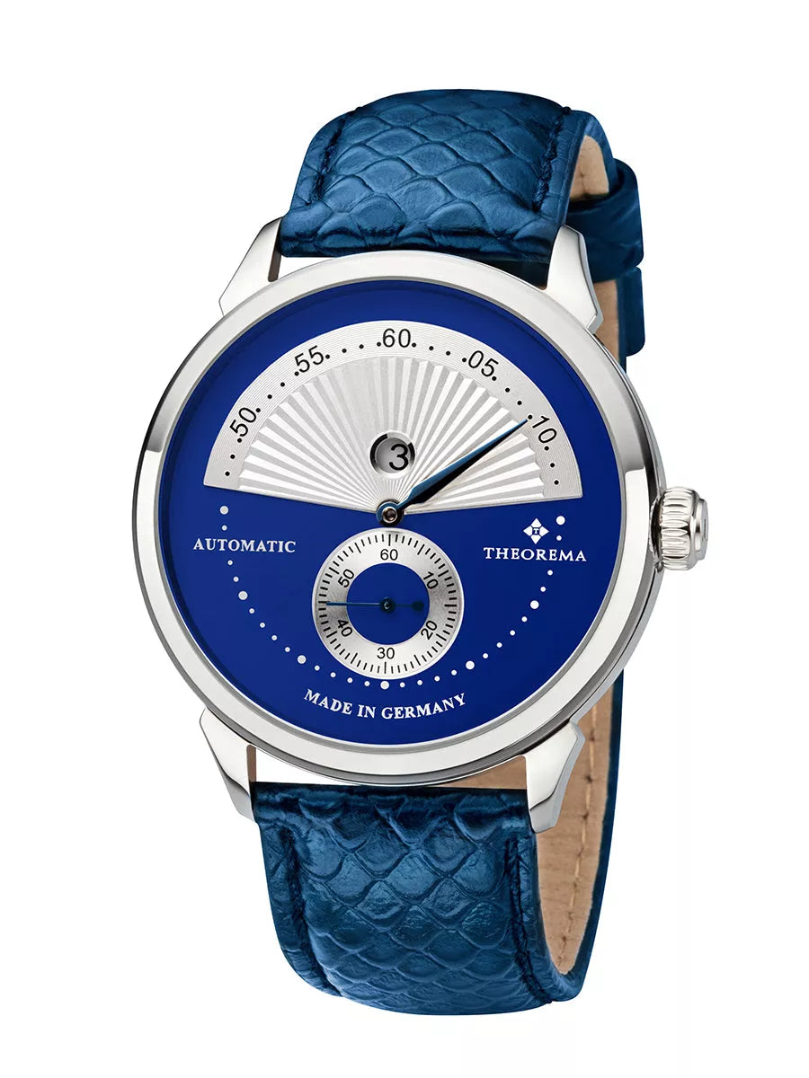 Blue and silver dial with silver case and blue leather band