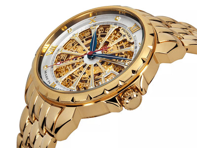 Side view of the London collection with gold plated stainless steel band and a gold case in a skeletonized dial.