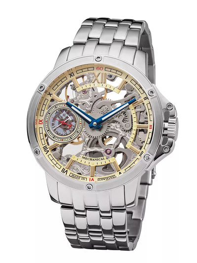 Mechanical see through skeleton silver and yellow dial with inner gears visible.