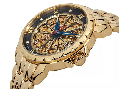 Side view of the London collection with gold plated stainless steel band and a gold case in a skeletonized dial.