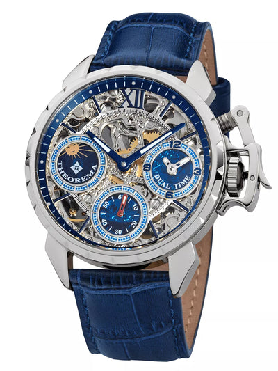 Oman Theorema mechanical watch GM-108-2. Three sub-dials for seconds, dual-time, and sun-moon phase.