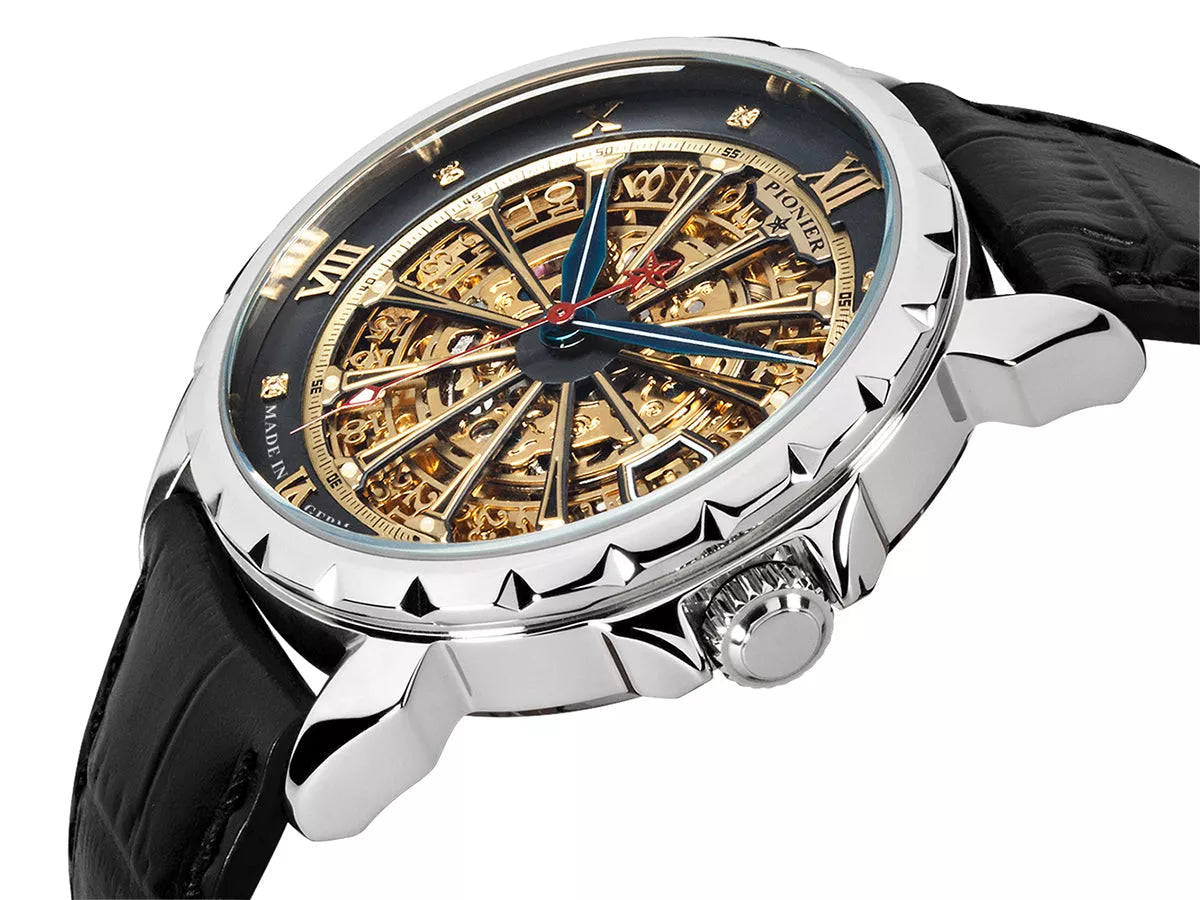 Side view of the London collection with black leather band and silver case in a skeletonized dial.