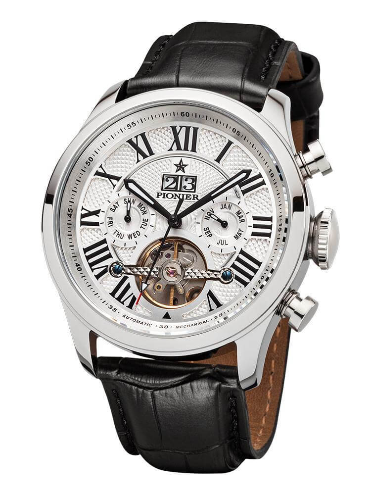 White dial with Roman numerals with silver case.