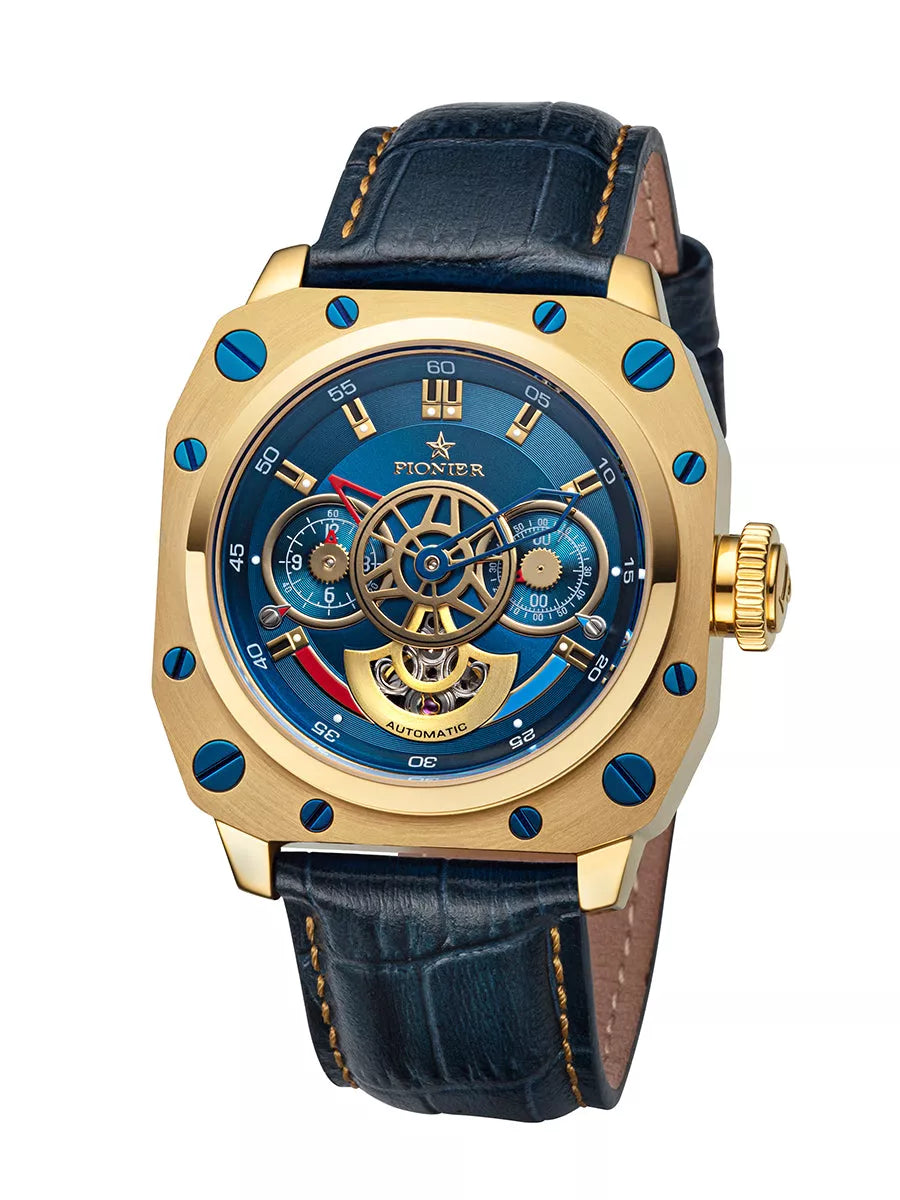 Blue dial with gold case and genuine blue leather band.