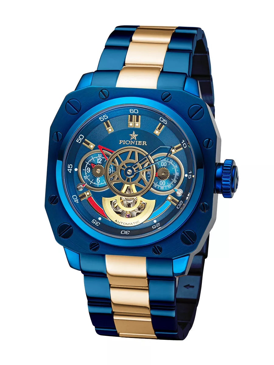 Blue dial with blue case and blue and gold stainless steel band.