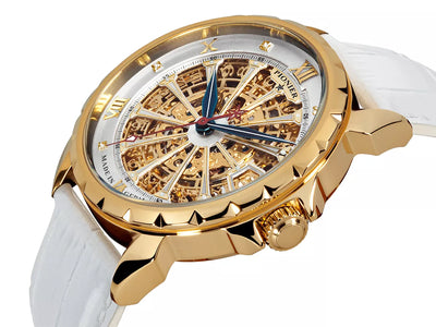 Side view of the London collection with white leather band and gold case in a skeletonized dial.
