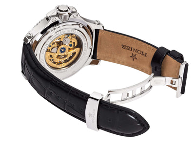Black leather band with deployment buckle and open back case to view the automatic movement.