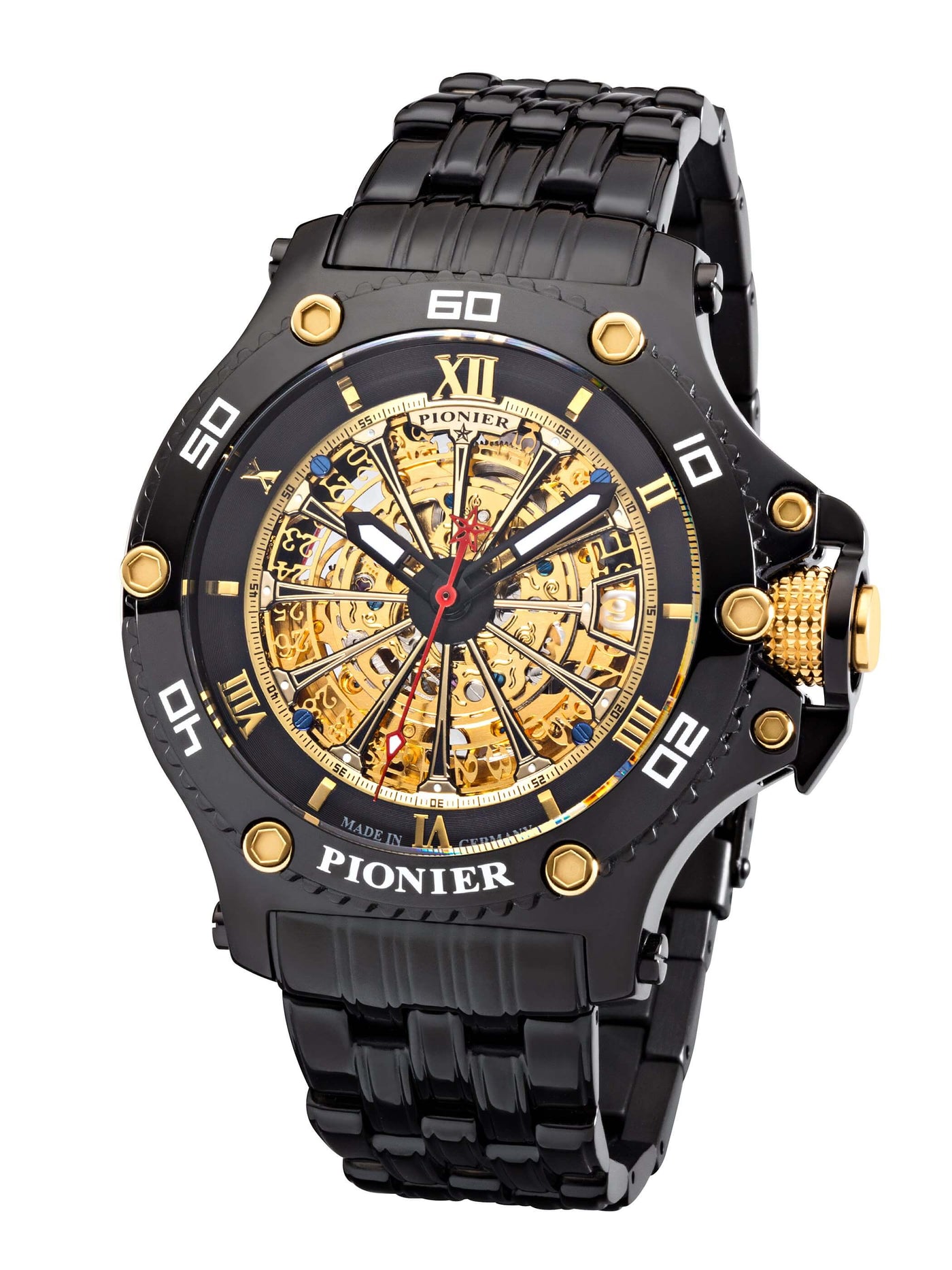 Barcelona Pionier GM-516-11 gold skeleton dial with black case and black stainless steel band.