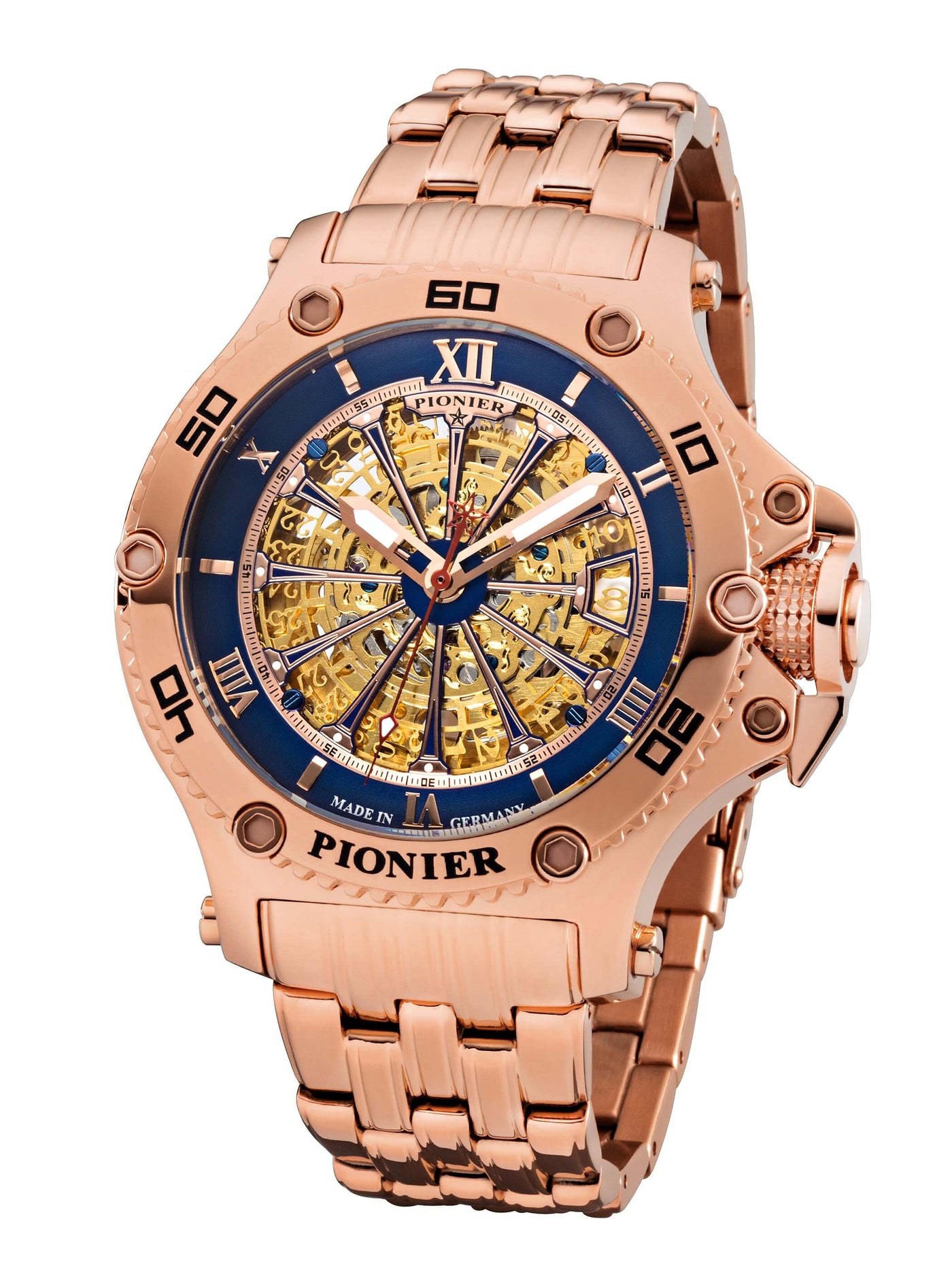 Barcelona Pionier GM-516-12 gold skeleton dial with rose case and rose stainless steel band.