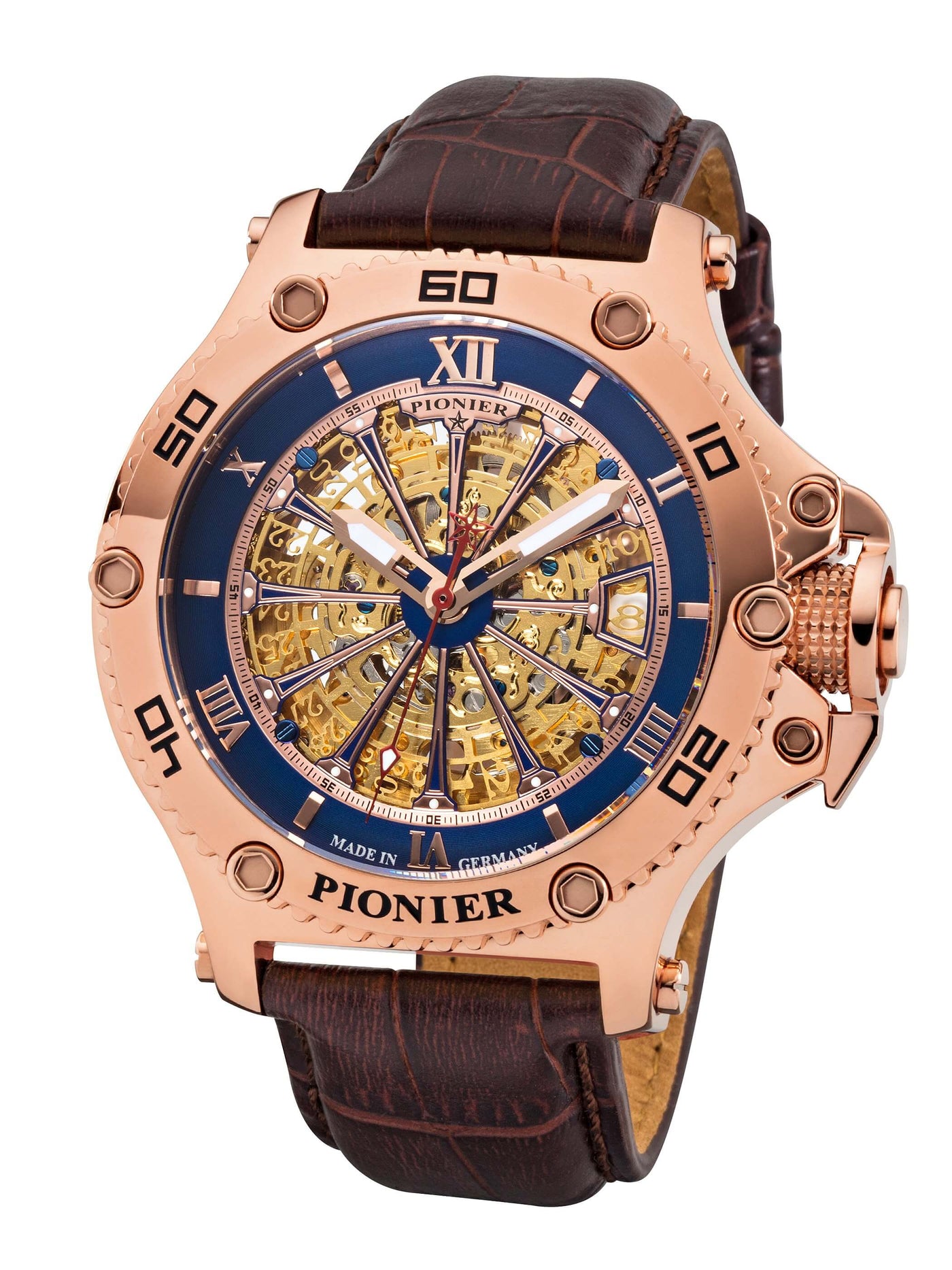 Barcelona Pionier GM-516-6 gold skeleton dial with rose case and brown leather band.