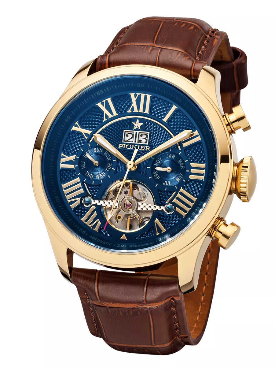 Blue dial with Roman numerals with gold color case. Automatic Havana collection by Pionier.
