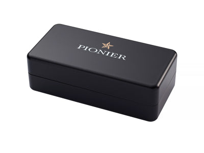 Black Pionier box with gold star logo Pionier imprinted on top.