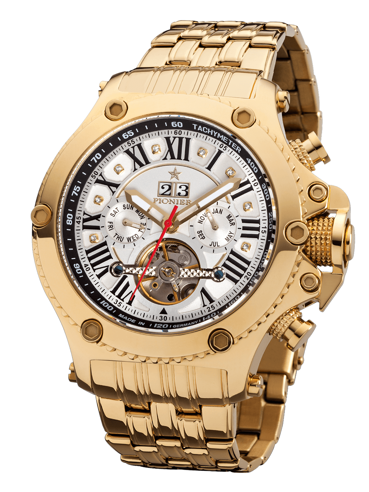 New York Pionier GM-511-10 white dial with diamonds and Roman numerals with gold case and stainless steel band.