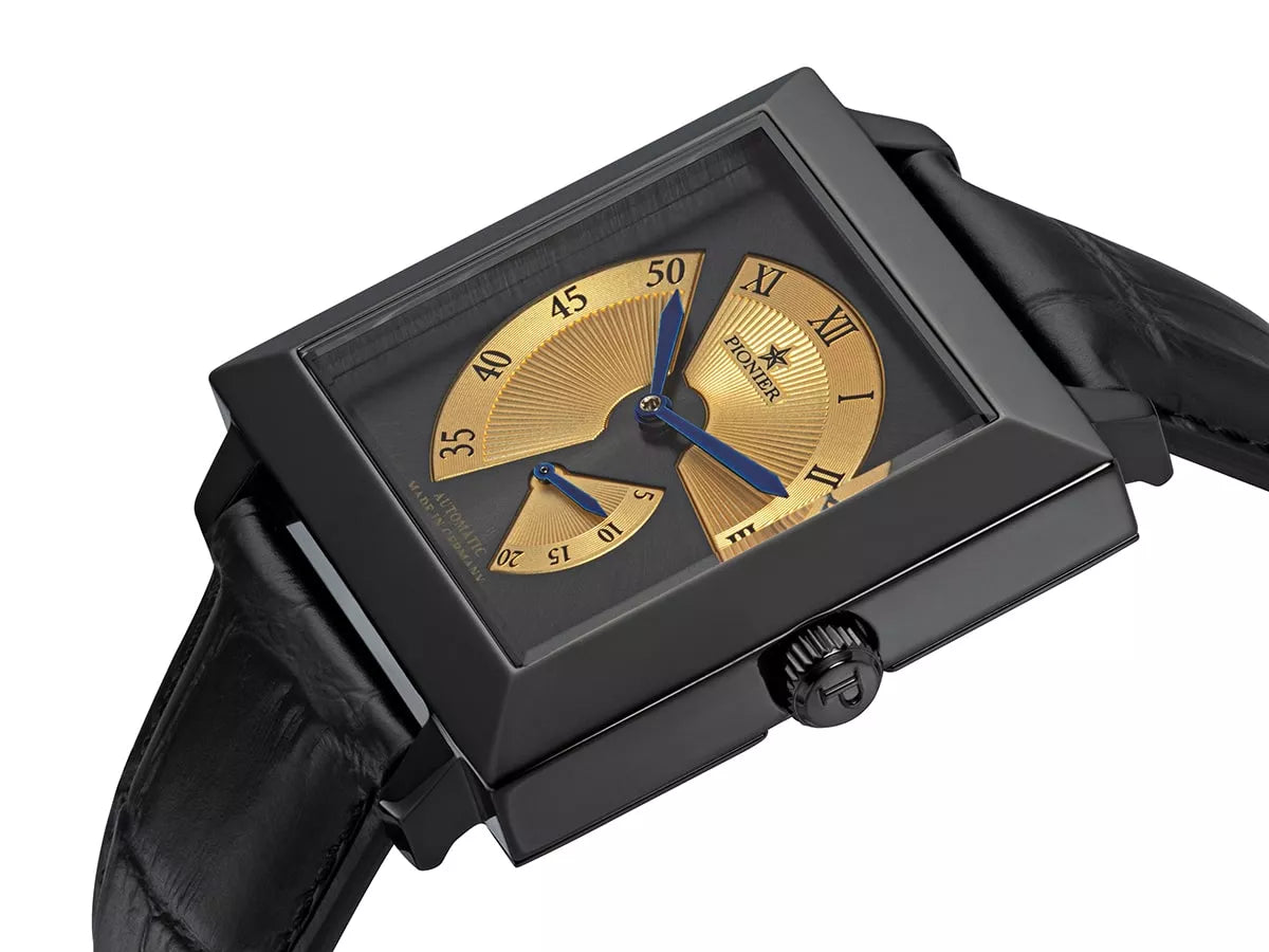 Quadratic watch with mix Romand and Arabic numerals and blue hands.