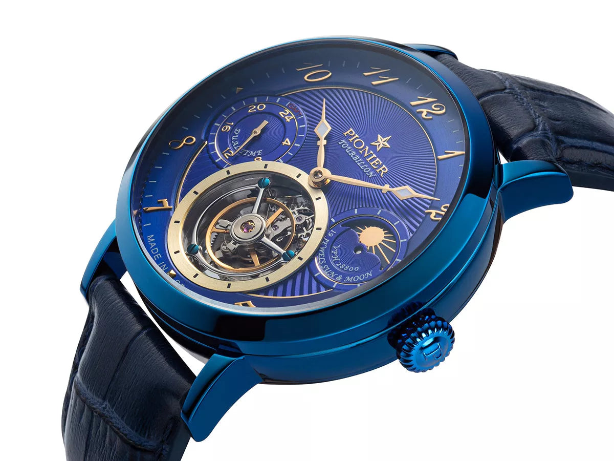 Blue dial with open heart design and arabic numerals with blue case.