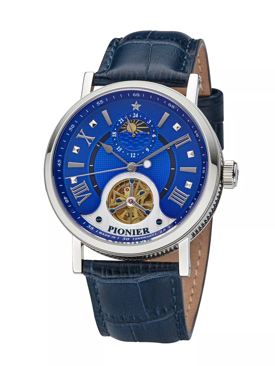 Boston Pionier GM-518-2 blue dial with silver case and blue leather band.