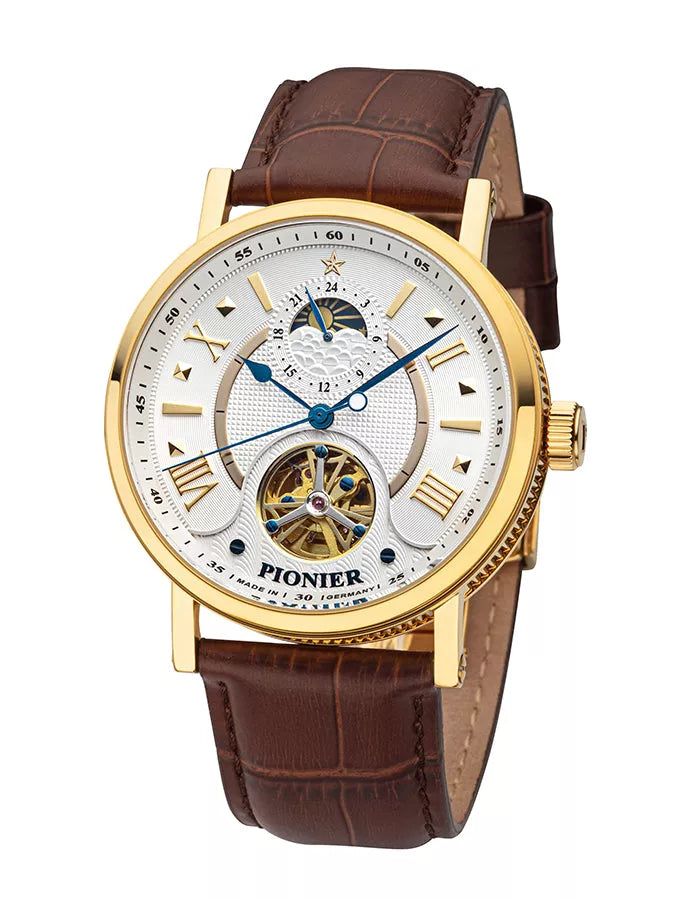 Boston Pionier GM-518-3 white dial with gold case and brown leather band.