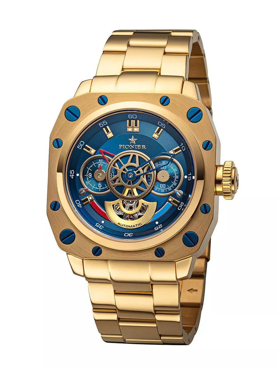 Blue dial with gold case and gold stainless steel band.
