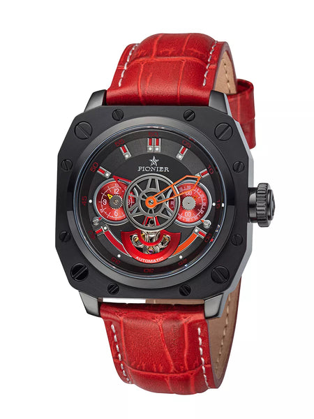 Black dial with black case and genuine red leather band.