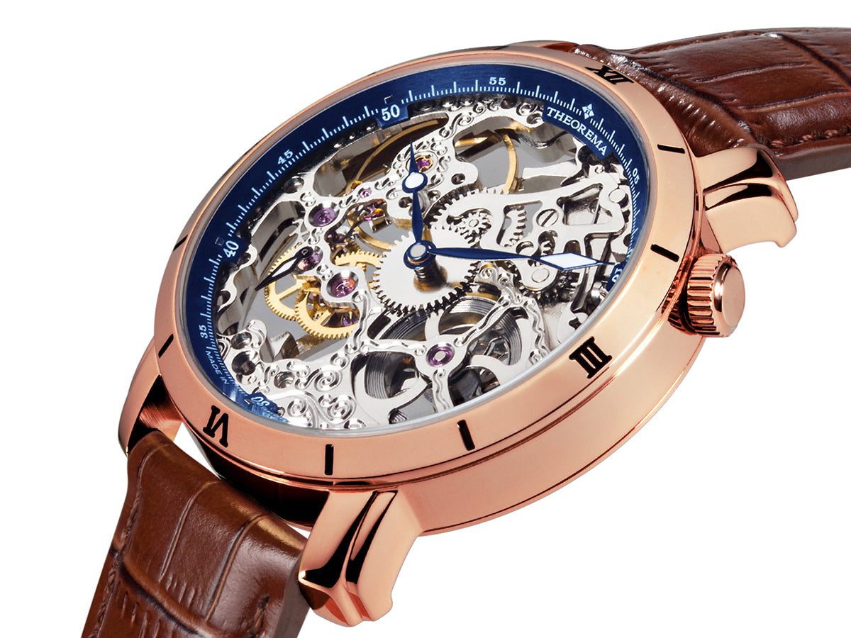 See-through skeletonized dial with rose case and brown leather band.