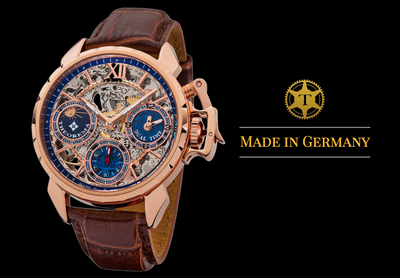 Skeletonized silver dial with 3 sub-dials and brown genuine leather band.